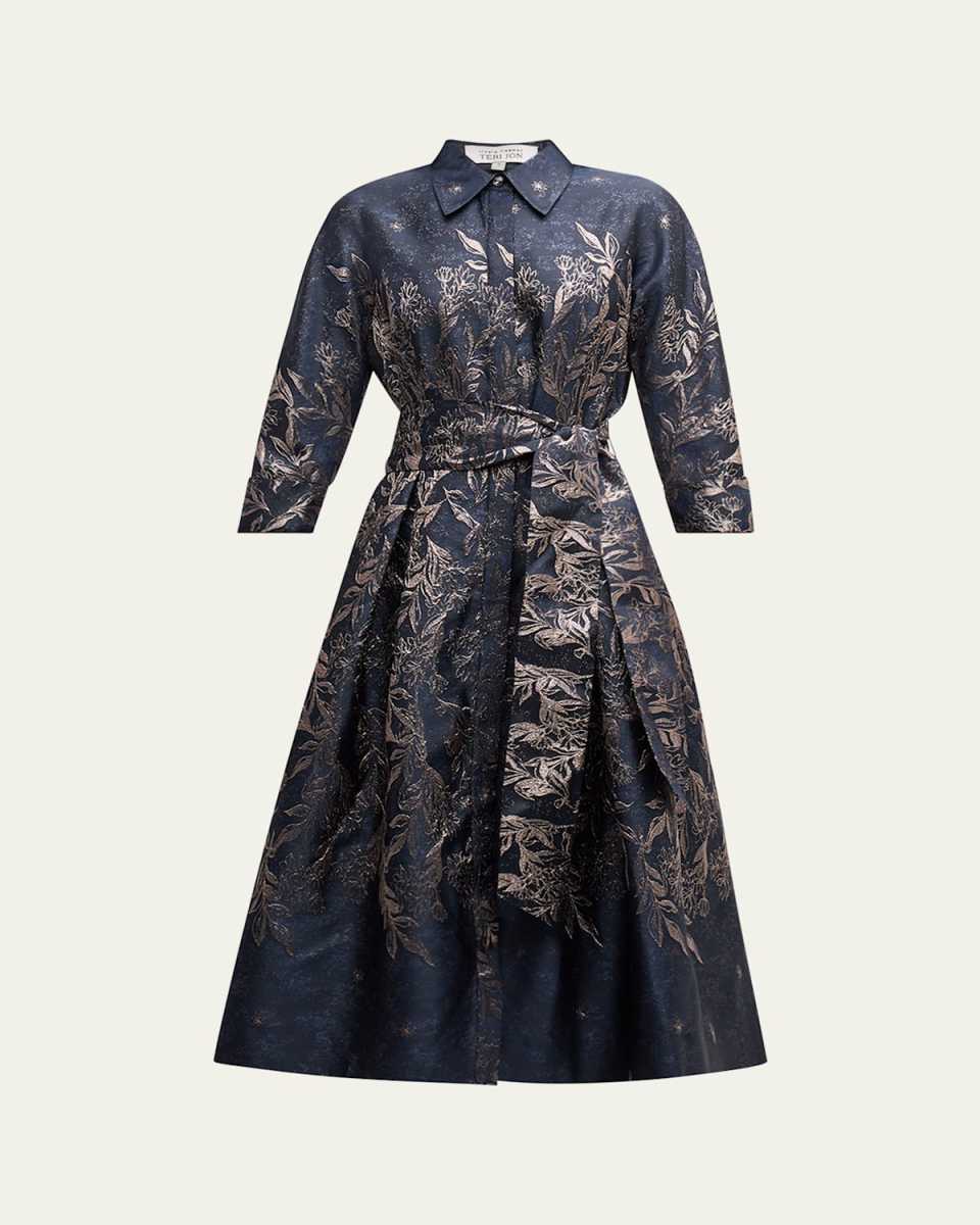 Floral Metallic Jacquard Midi Shirtdress